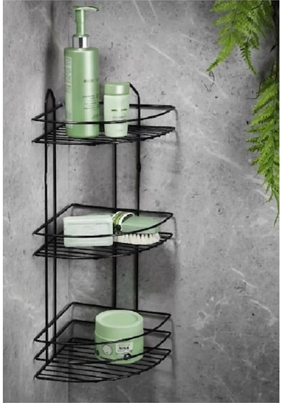 Köşelik Banyo 3 Raflı Siyah Metal Royaleks-56574 Açık Ahşap