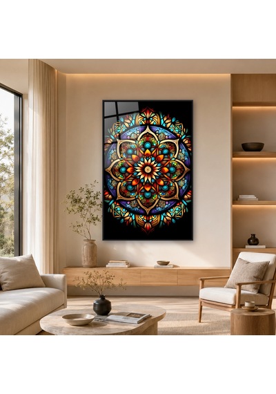 Siyah Fonda Vitray Renklerinde Detaylı Simetrik Mandala Siyah Çerçeveli Cam Tablo