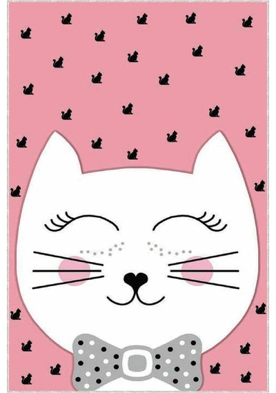 Pembe Kaymaz Tabanlı Yıkanabilir Kedili Bebek Halısı Kd07n11