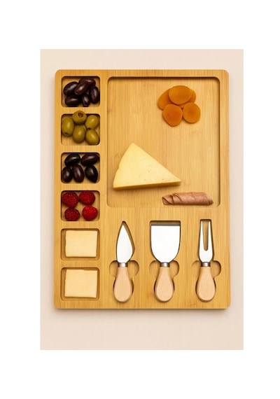 Bambu Peynir Sunum Ve Kahvaltı Tahtası 4 Lü Set 3 Bıçak + Bölmeli Servis Bambu