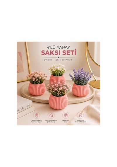 Dekoratif Pembe Dörlü Saksı Seti Pembe