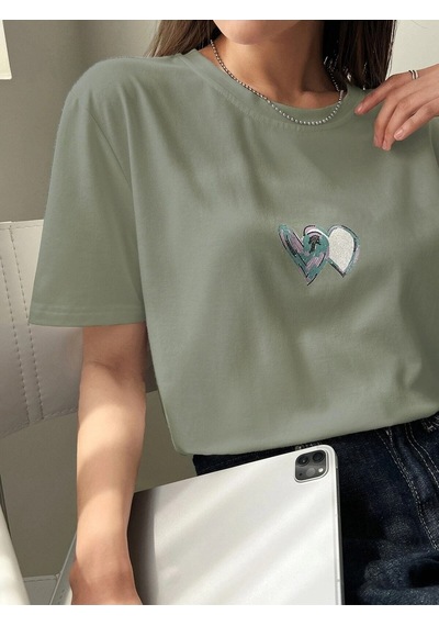Flood Of Style Kadın Çağla Yeşili Çift Heart Baskılı Oversize T-shirt Yeşil