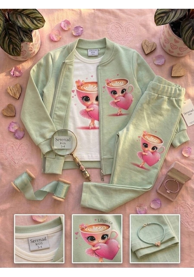 Karakter Baskılı Penye Ceketli - Penye Sweatshirt - Penye Pantolonlu Kız Çocuk 3lü Takım Yeşil