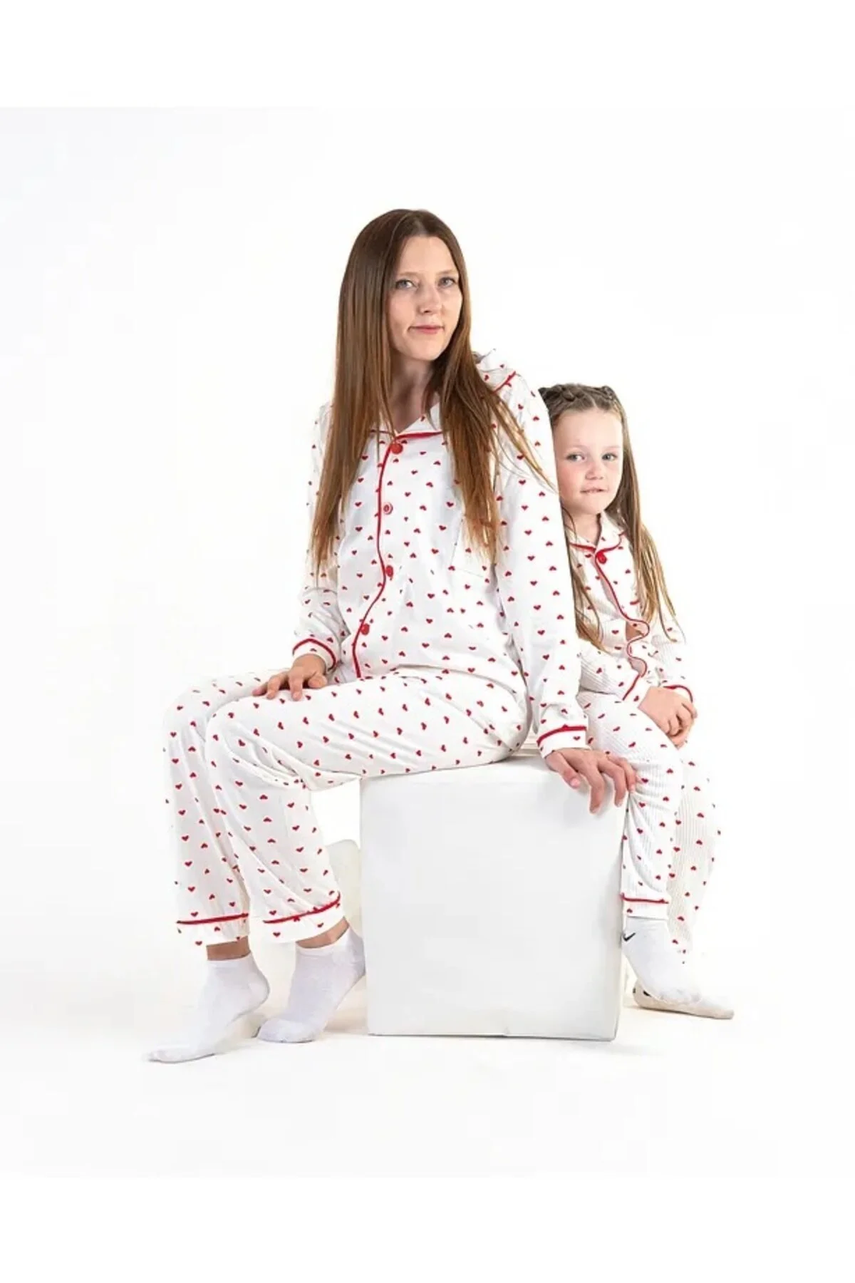Dolaş Kids Anne Ve Kız Çocuk Kombin Pamuklu Kalıp Basklı Pijama Takımı Beyaz