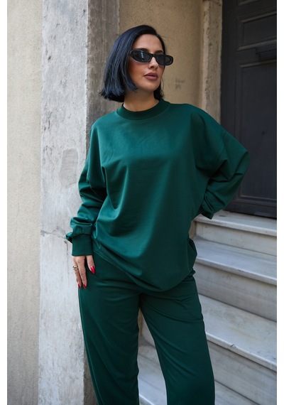 Mezka Regular Fit 2'li Takım Sweatshirt Beli Lastikli Jogger Eşofman Altı Yeşil