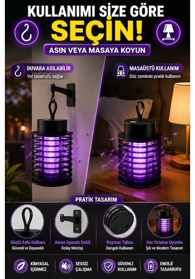 Şarjlı Uv Sivrisinek Öldürücü Lamba Type-c Elektrikli Sinek Kapanı Masaüstü Duvara Asılabilir
