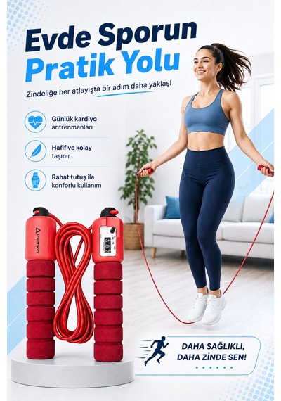 Sayaçlı Atlama İpi Sünger Tutma Saplı Sporcu Fitness Kardiyo Egzersiz Antrenman İpi Kırmızı