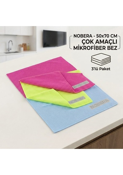 Nobera 3'lü Set 50x70 Cm Çok Amaçlı Mikrofiber Bez - Baklava Desenli Cam, Tv Ve Toz Bezi Karışık
