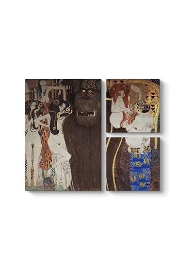 Gustav Klimt - Beethoven Frizi Düşman Güçler Tablosu 88 X 73-3 Parçalı Açık Altın