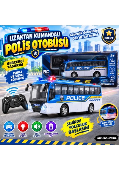 666-690na Uzaktan Kumandalı Oyuncak Polis Otobüsü Mavi