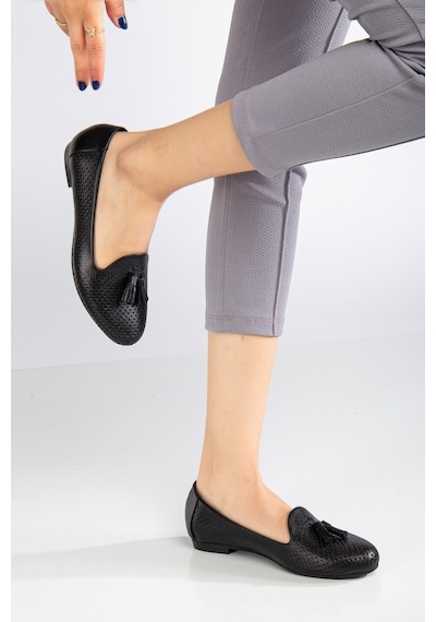 Analin Shoes Kadın Hakiki Deri Baskılı Püsküllü Babet Siyah