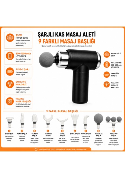 Şarjlı Masaj Tabancası 25w Motor Type-c Şarjlı 9 Farklı Başlıklı Tüm Vücut Masaj Aleti Siyah