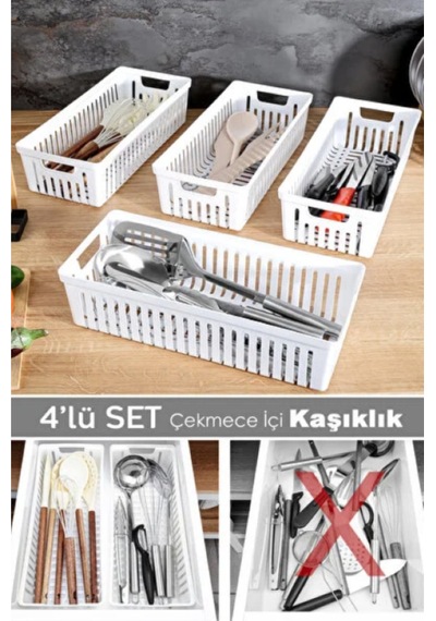 4'lü Modüler Kaşıklık Seti - Mutfak Düzenleyici Çekmece İçi Organizer Bıçaklık Kepçelik Beyaz Plasti Diğer