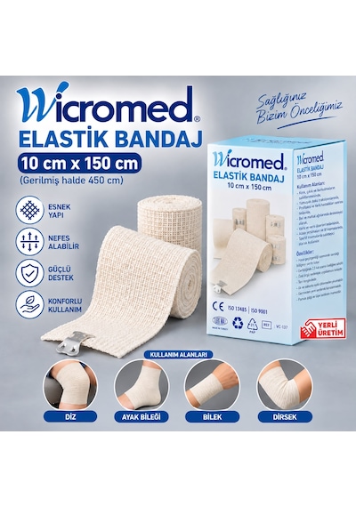 Wicromed Elastik Bandaj 10cmx150 Cm Metal Klipsli Esnek Destek Bandajı 15 Adet