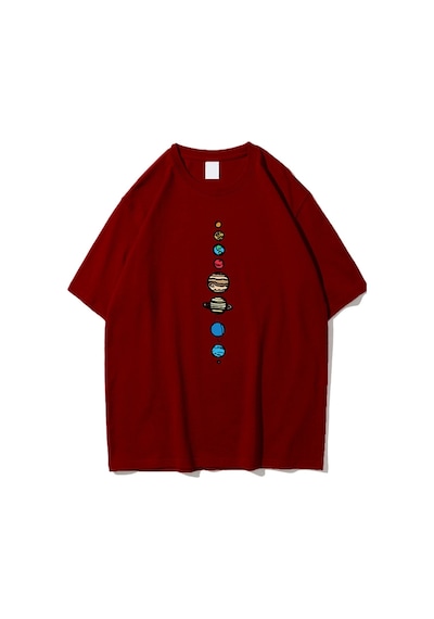 Flood Of Style Unisex Bordo 9 Gezegen Baskılı Oversize Bisiklet Yaka Tshirt