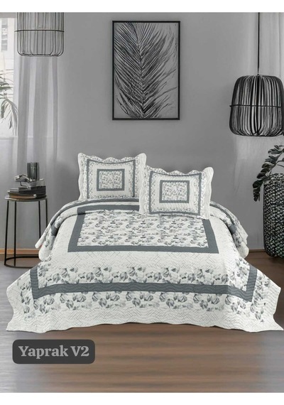 Çift Kişilik Kapitone Yatak Örtüsü, Klasik Desenli Model - Yaprak Gri 250 X 260cm Gri