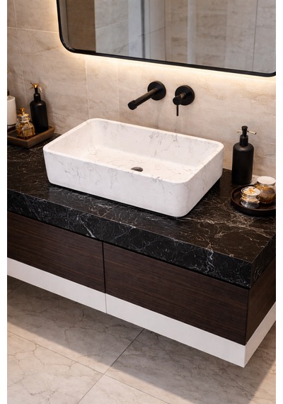 Mermer Desenli Tezgah Üstü Çiftlik Model Taş Lavabo 60 X 40 Cm Beyaz