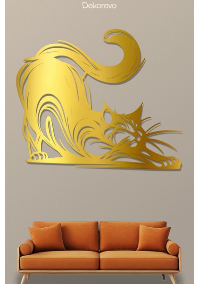 Dekoratif Metal Kedi Duvar Tablosu - Metal Duvar Sanatı - Altın - 75 X 60 Cm