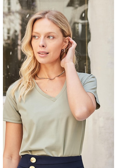 Jument Kadın V Yaka Kısa Kol Likralı Span Kumaş Şık T-shirt Bluz-açık Haki A.haki