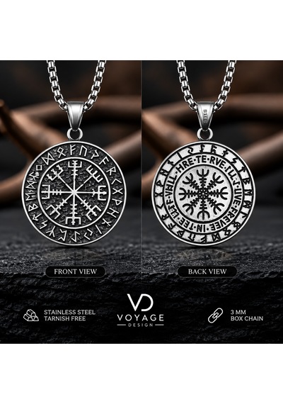 Paslanmaz Çelik Rün Harf Detaylı Kolye Çift Taraflı Vegvisir Viking Pusula Kolye Antik Gümüş