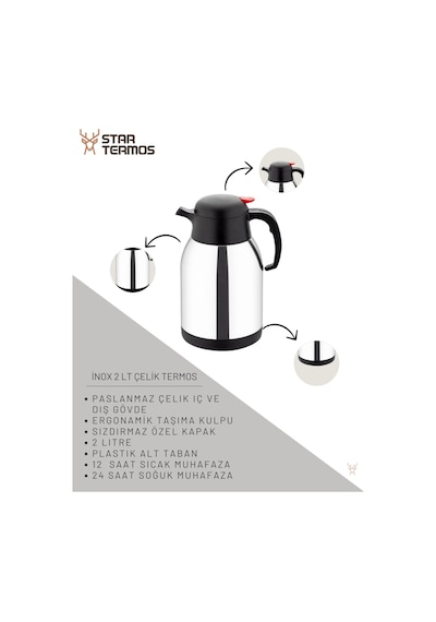 Star Termos 2 Litre Çift Kat Paslanmaz Çelik Termos Piknik Kamp Outdoor Ofis Otel Kafe Okul Sth - 6156 Siyah