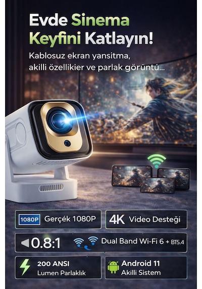 1080p Ev Sineması Projektörü Wifi 6 Otomatik Odaklam Mini Projeksiyon Cihazı Dahili Hoparlör