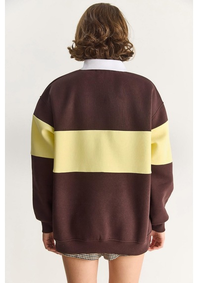 Shade Kadın Polo Yaka Düğmeli California Yazılı Nakış Detaylı Oversize Kadın Sweatshirt 10009 60283563 - Kahverengi