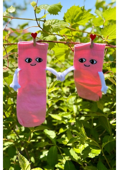 Lousocks Unisex Pembe Elele Tutuşan - Halay Çeken Çorap 1 Çift - Sevimli Yüz İfadeli Soket Çorap