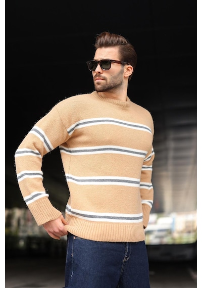 Madmext Camel Çizgili Triko Erkek Kazak E7457 CAMEL