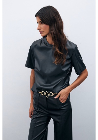 Sateen Kısa Kol Deri Bluz - Siyah-135522 Siyah