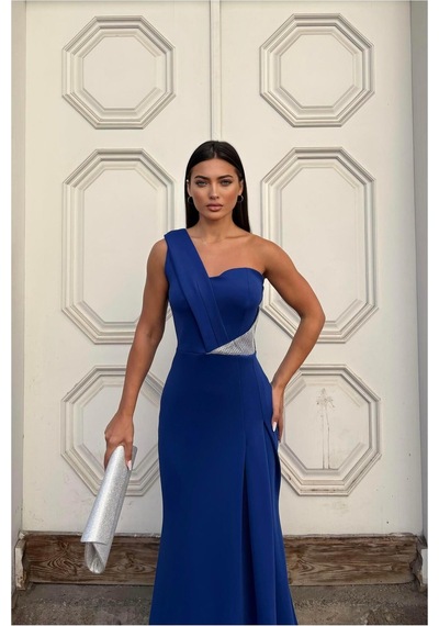 Lior Design Kadın Modern Tasarım Tek Omuz Taş Detaylı Abiye Elbise Saks