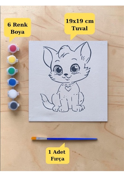Çocuklar İçin Sevimli Kedi Baskılı Tuval Boyama Seti Hayal Gücünü Keşfet 19x19 Cm Tuval, Fırça Ve 6 Renk Akrilik Boya Seti