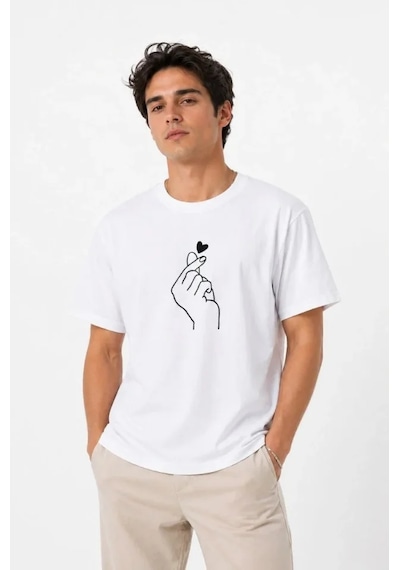 Veraura Lifestyle Erkek Kore Parmak Aşk Temalı Minimal Baskılı Tişört Yazlık Kısa Kol T-shirt - Beyaz