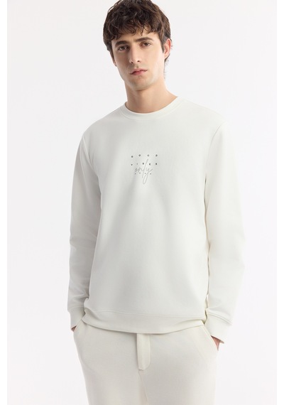 Avva Erkek Beyaz Bisiklet Yaka Baskılı Bi-stretch İnterlok Regular Fit Sweatshirt A51y1235