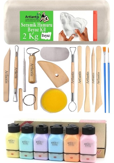 Beyaz Seramik Hamuru 2 Kg Seramik Başlangıç Seti Ebeşuar Modelleme Artdeco 6 Renk Pastel Akrilik Boya Fırça 75 Ml Heykel