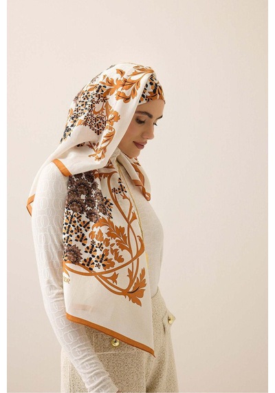 Imannoor Şark Çiçeği Toprak Floş Pamuk Şal 70x210 Toprak