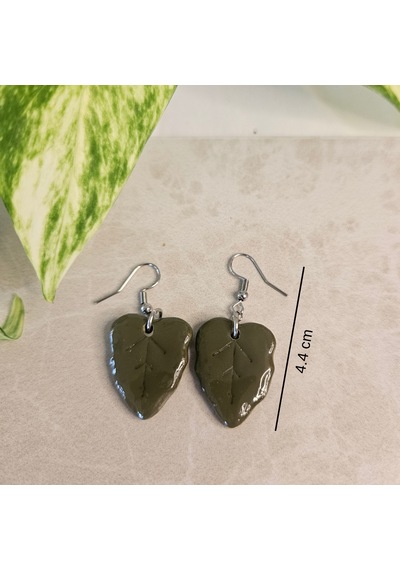El Yapımı Polimer Kil Küpe - Paslanmaz Çelik Aparatlı Haki Yeşili Zeytin Yaprağı Sallantılı Küpe Olive Leaf Koyu Yeşil