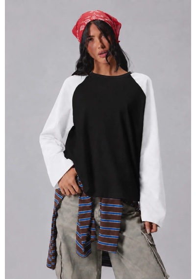 Cool Tarz Kadın Oversize Kontrast Kollu Raglan Bisiklet Yaka Düşük Omuzlu T-shirt Siyah-beyaz Siyah-beyaz Cool Tarz Kadın Oversize Kontrast Kollu Raglan Bisiklet Yaka Düşük Omuzlu T-shirt Siyah-beyaz Siyah-beyaz