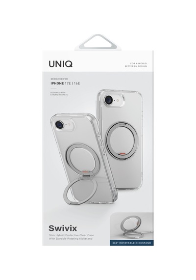 Apple iPhone Uyumlu 17e / 16e Kılıf Swivix Döner Metal Standlı Koruyucu Premium Dayanıklı Kapak Şeffaf