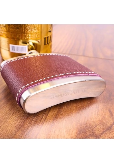 5 Oz-150 Cc Hunili Kahve Brown Deri Kılıf Çelik Viski İçki Konyak Matarası Genel