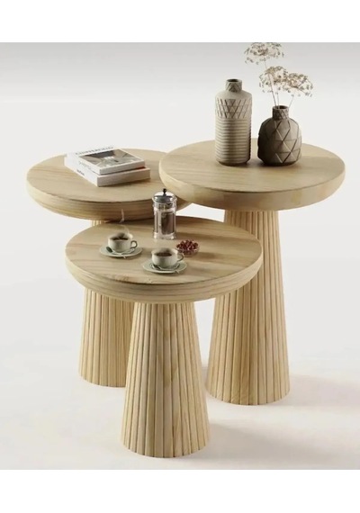 Wood Wooden 3 Lü Set Fitilli Mantar Yan Sehpa Modern Ahşap Renk Vernikli Fiskos Kahverengi