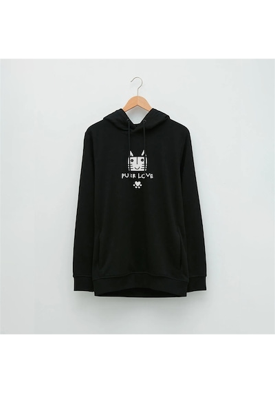 Şirin Kedi Özel Tasarım Baskılı Kapüşonlu Sweatshirt Siyah