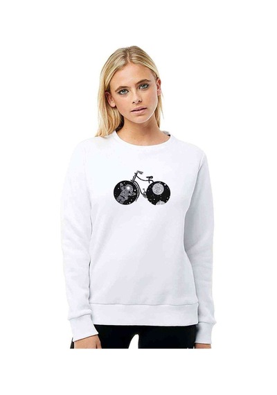 Uzay Bisiklet Baskılı Beyaz Kadın Sweatshirt (534621961)