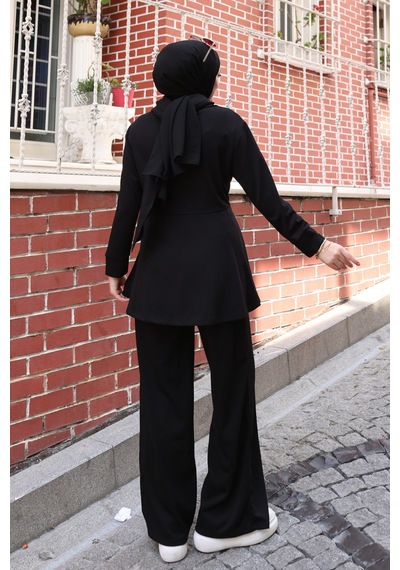 Balenbi Kadın Oversize Kesim Beli Pileli Ful Fermuarlı Modal Takım 1235 Siyah