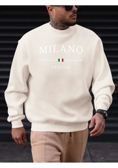Uyguntarz Unisex Milano Italıa Tasarım Baskılı Bisiklet Yaka Sweatshirt Bej