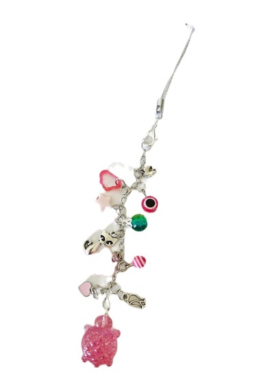 Çok Renkli Telefon Askısı, Gümüş Zincir, Kaplumbağa Ve Kedi Figürlü, Nazar Boncuklu, Pembe Aksesuarlı Charm