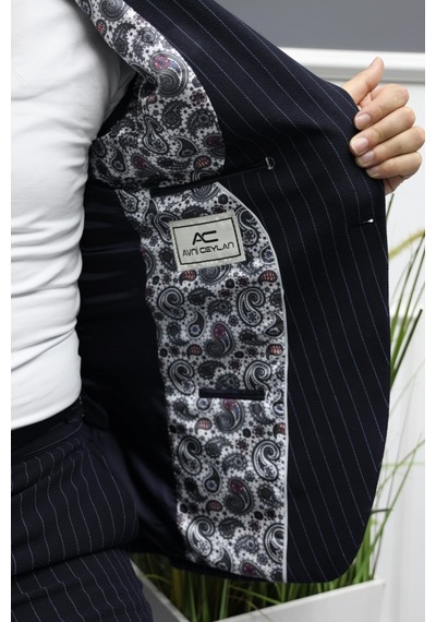 Avni Ceylan Monoline Elegance Stil Gofre Kumaş Tek Düğme Takım Elbise Lacivert