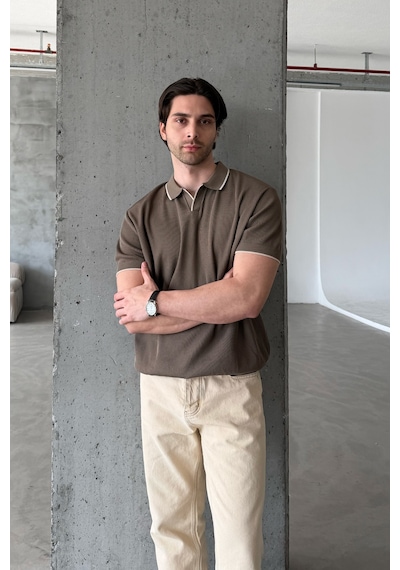 Erkek Oversize Selanik Polo Yaka Triko T-shirt Açık Kahve
