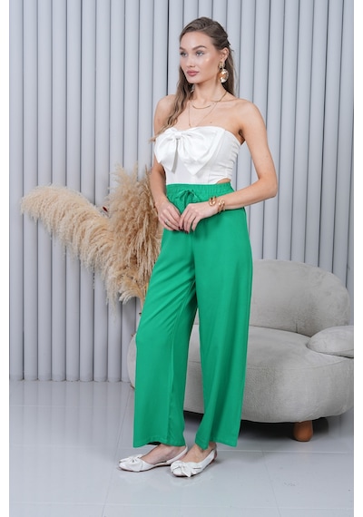 Polologin Butik Beli Bağcıklı Yüksek Bel Bol Paça Yeşil Pantolon Çok Renkli