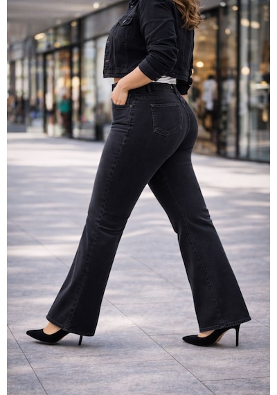 Cedy Denim Cedy Denım - Kadın Büyük Beden İspanyol Paça Yüksek Bel Skinny Fit Likralı Pantolon C628 Gri